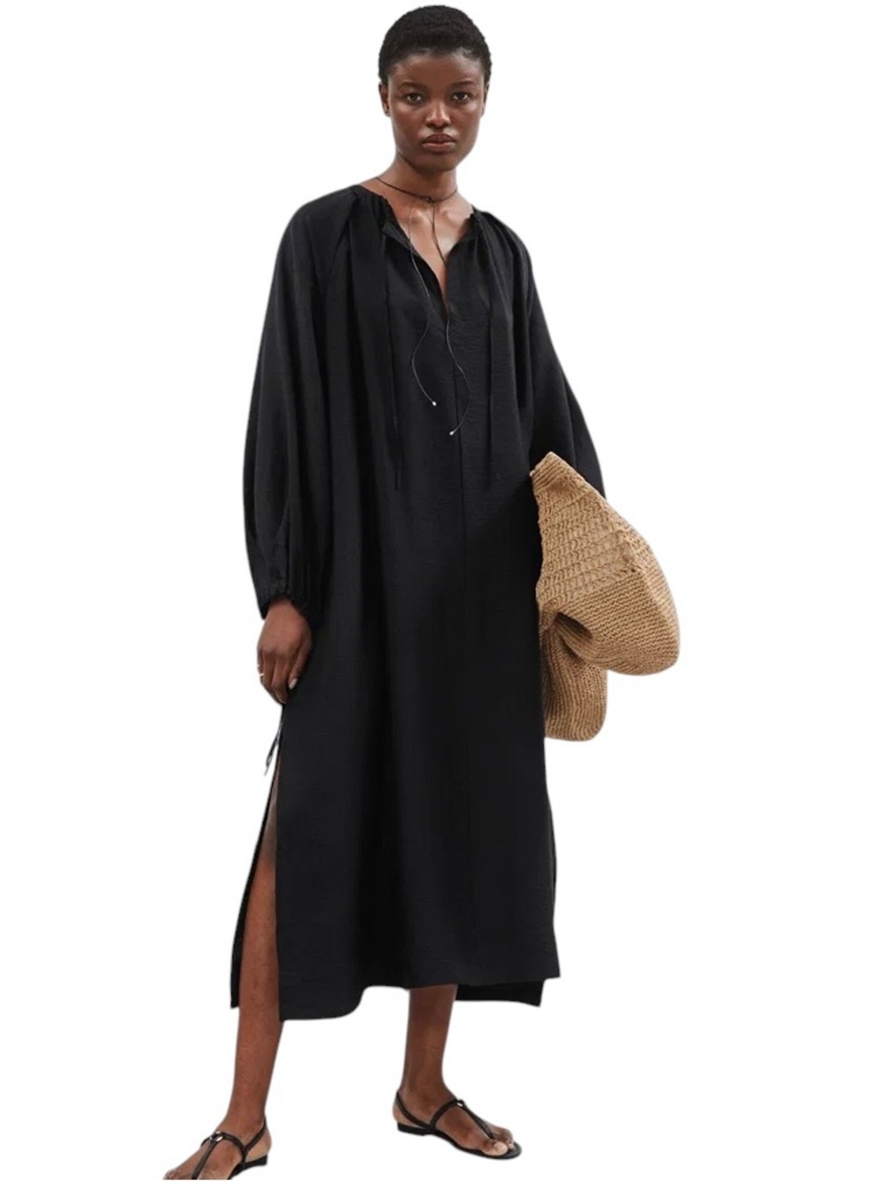 & Other Stories Floaty Oversized Black Slit Flowy Tie Neck & Sleeve Midi Dress S